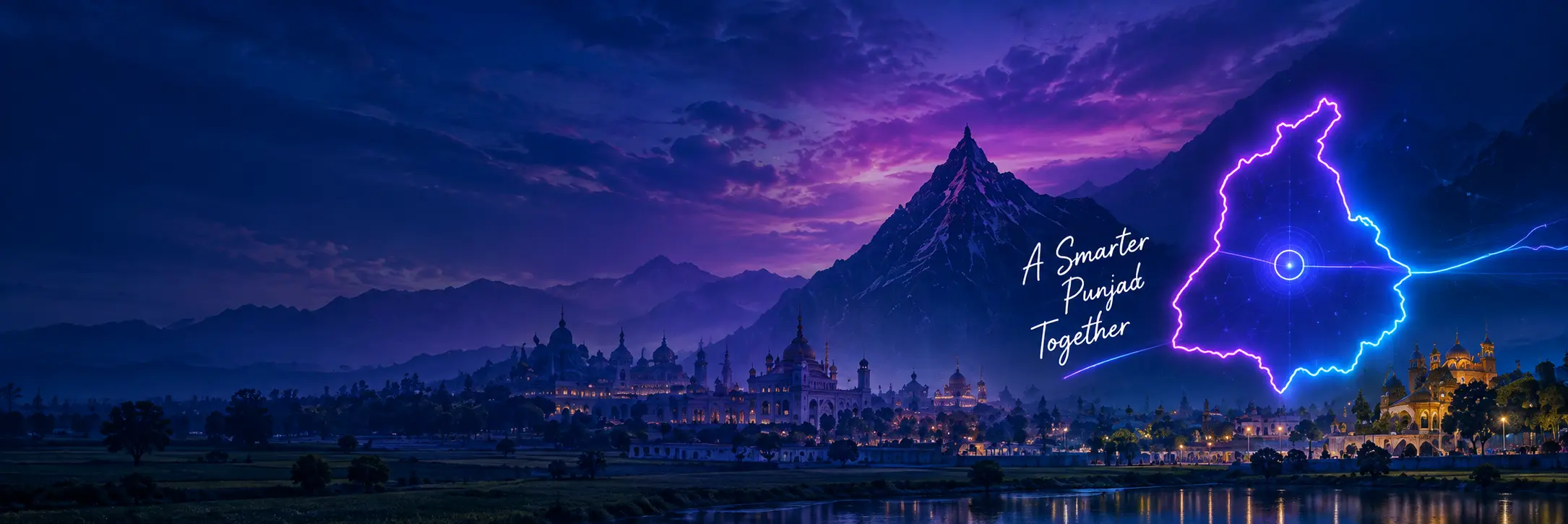 Glowing Punjab outline above a mountain and temple landscape at dusk
