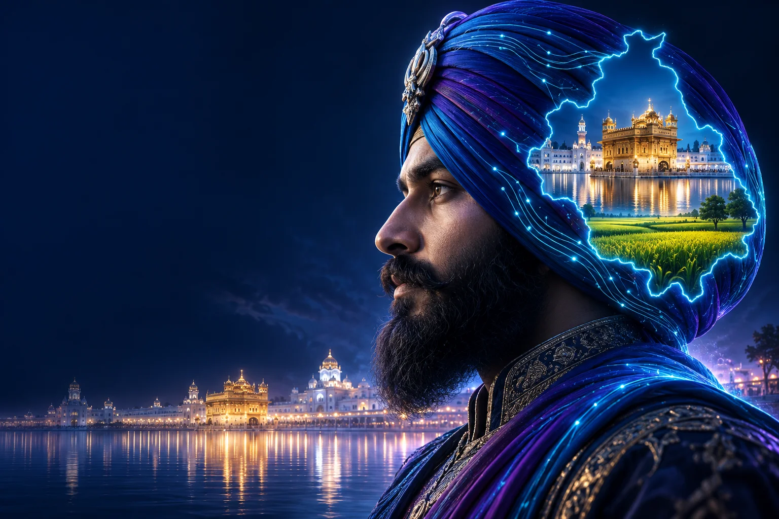 Concept artwork of a Sikh profile with digital Punjab and the Golden Temple