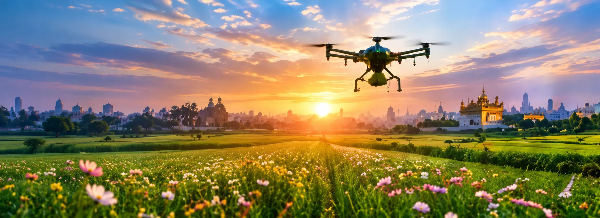 Agricultural drone over Punjab fields at sunset